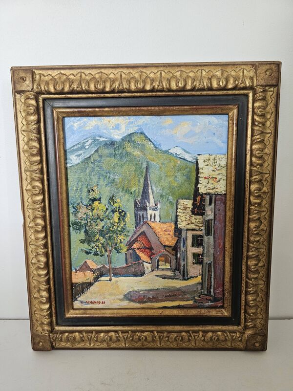 Tableau Huile sur toile - Village savoyard signé L Chabaud 86