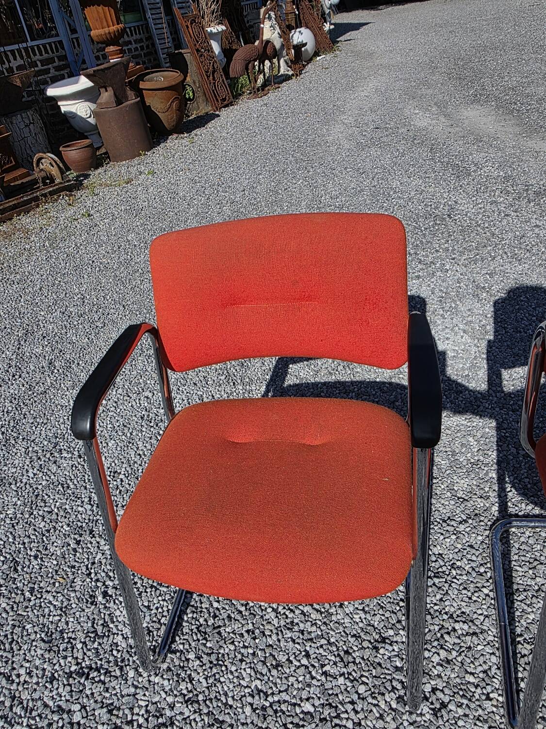 3 vintage chrome metal armchairs with orange fabric tops