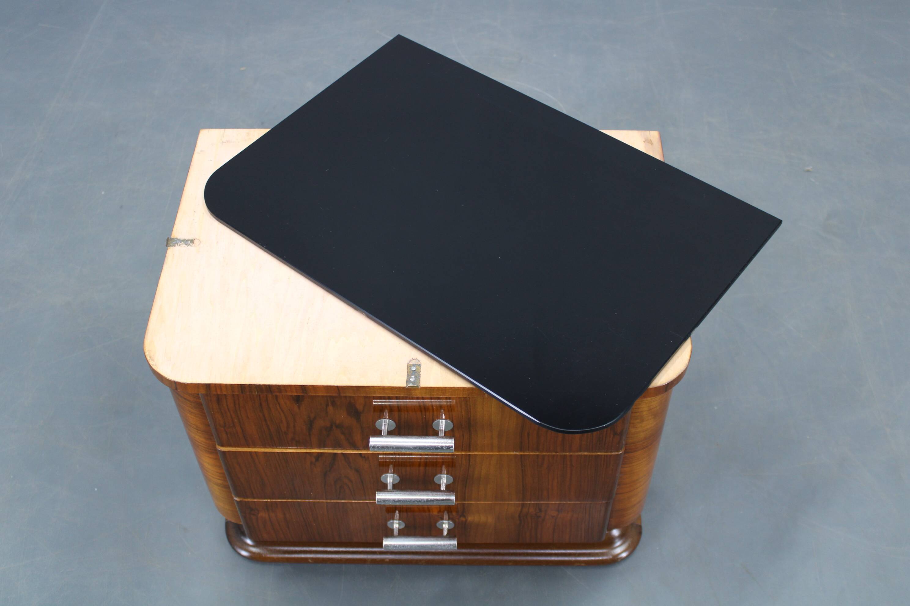 Art Deco walnut nightstand with black opaxite glass, Czechoslovakia 1930s