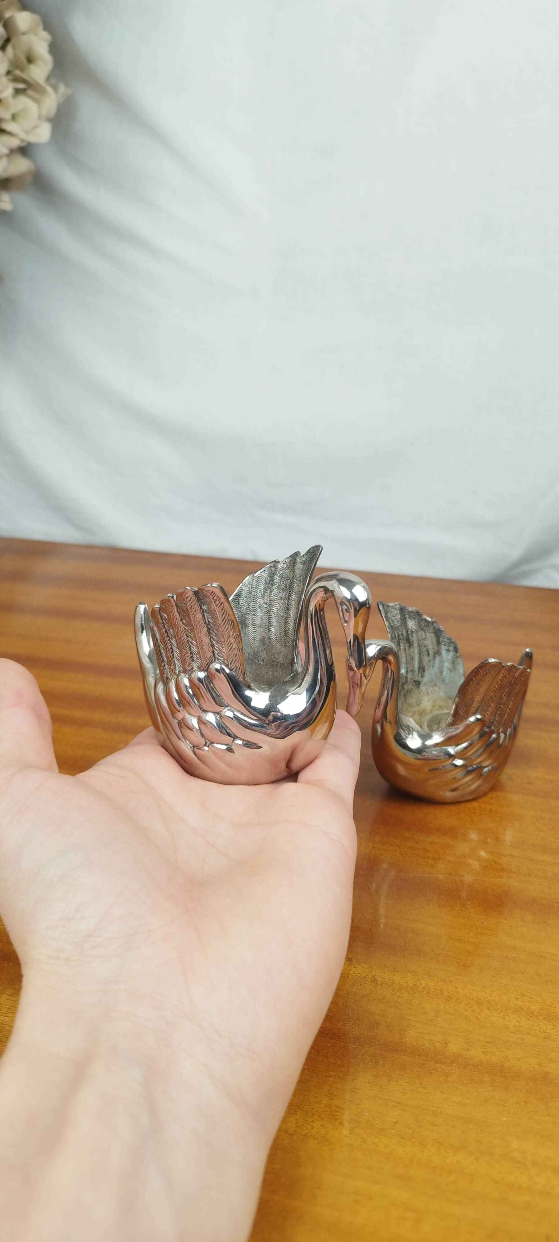 Pair of Silver Metal Zoomorphic Swan Candle Holders, Vintage 70s