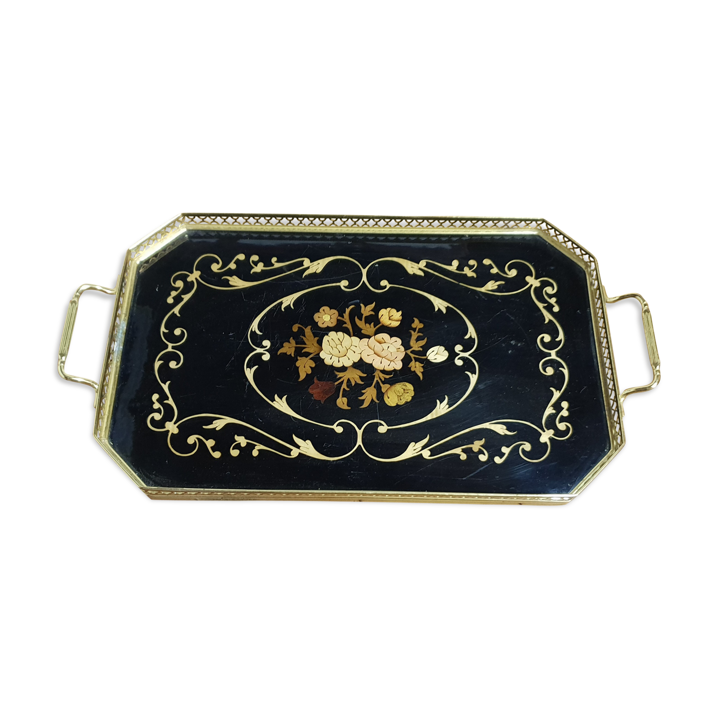 Old marquetry tray and gilded brass