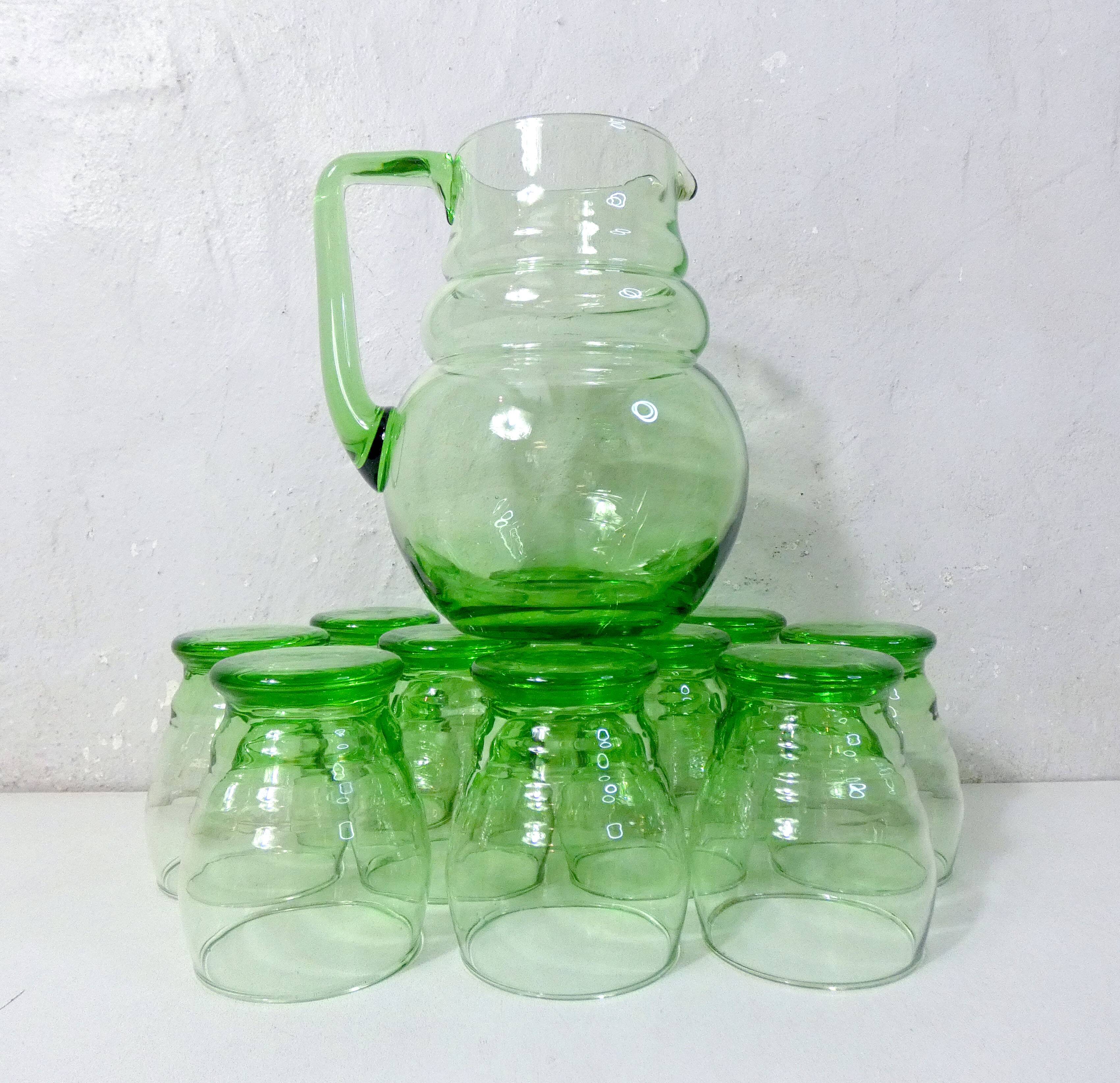 old service 10 water glasses and carafe in blown glass