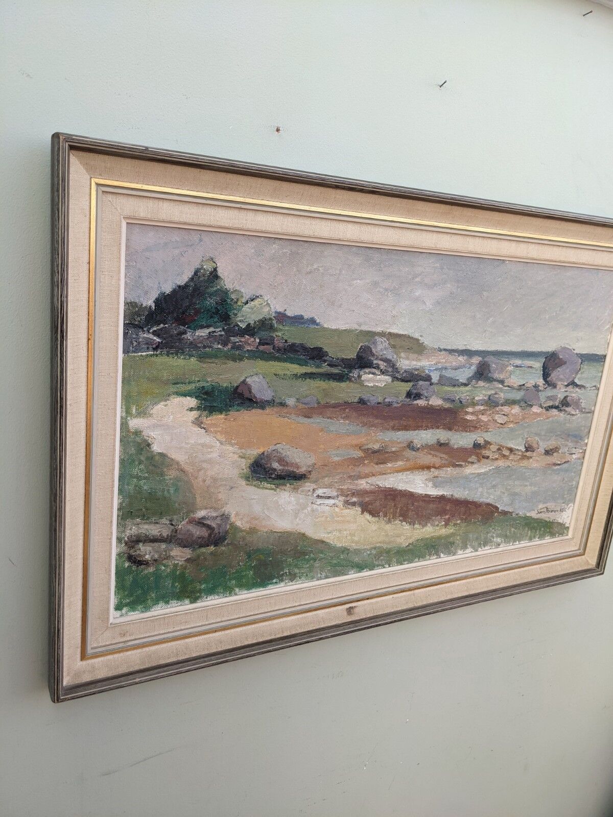 1962 Mid-Century Modern "Rockpools" Swedish Landscape Oil Painting, Framed
