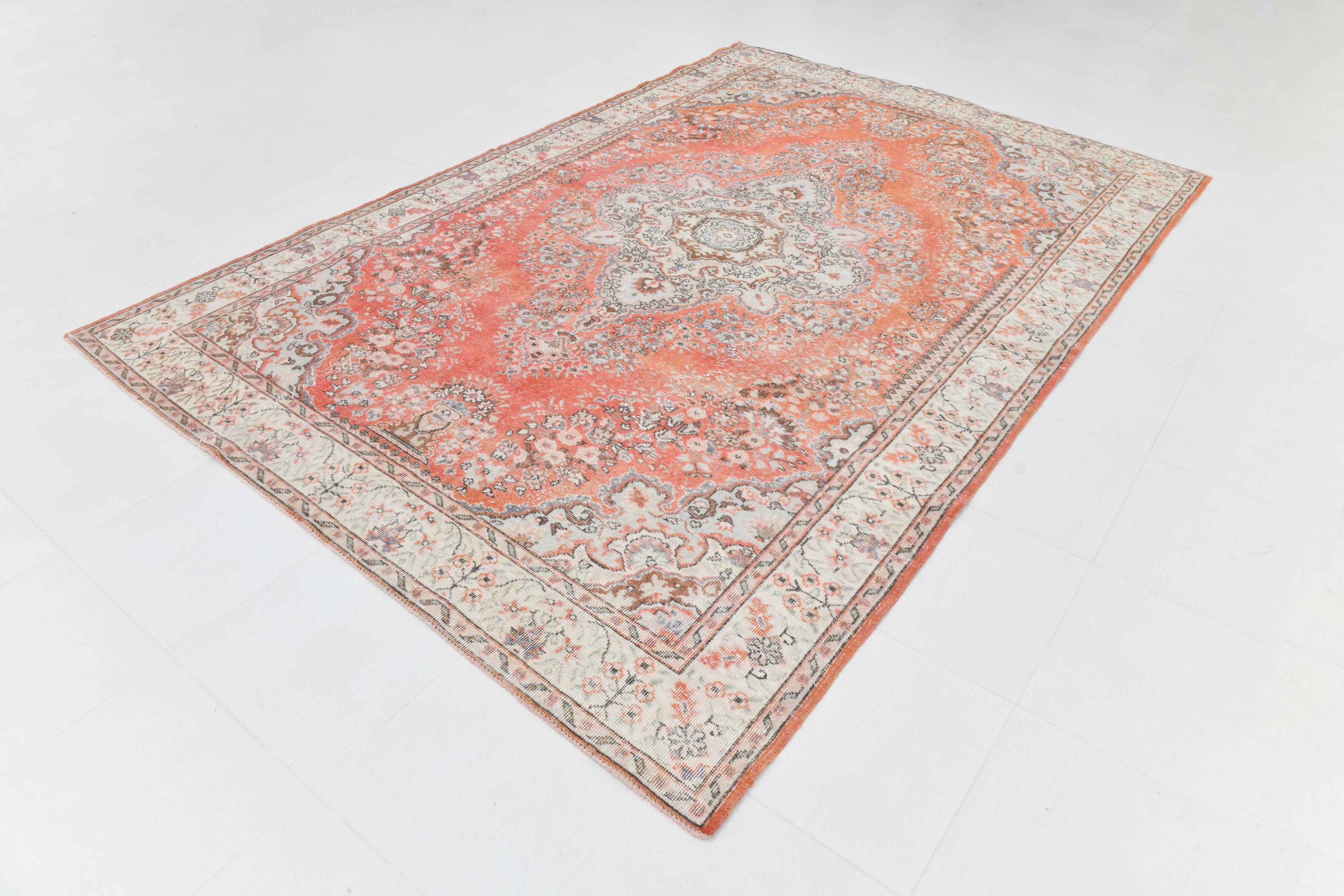 Tapis vintage anatolien tissé à la main en rose saumon, 206x392 cm