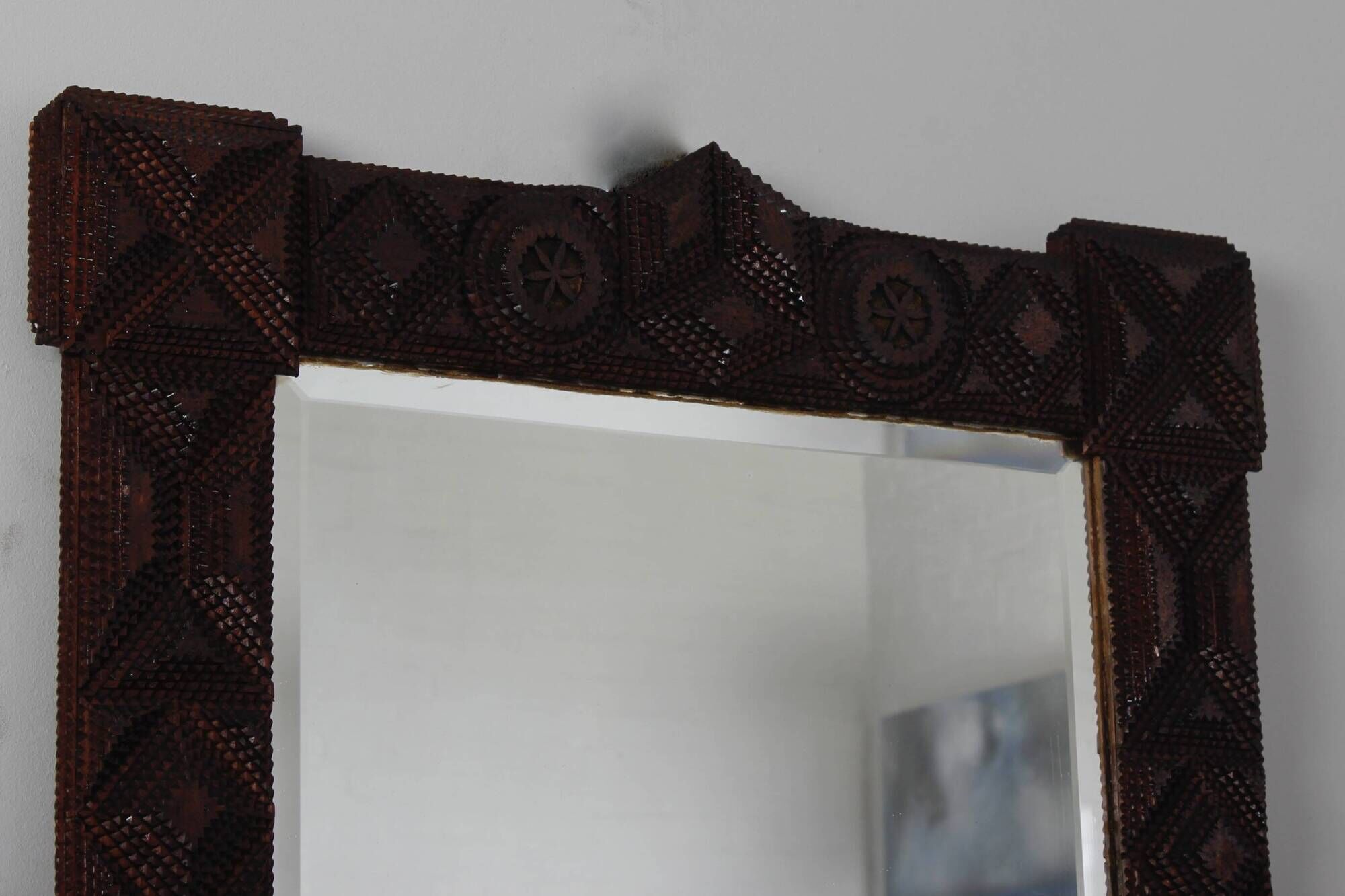 Antique Tramp Art wall mirror brutalism chip carving 1900