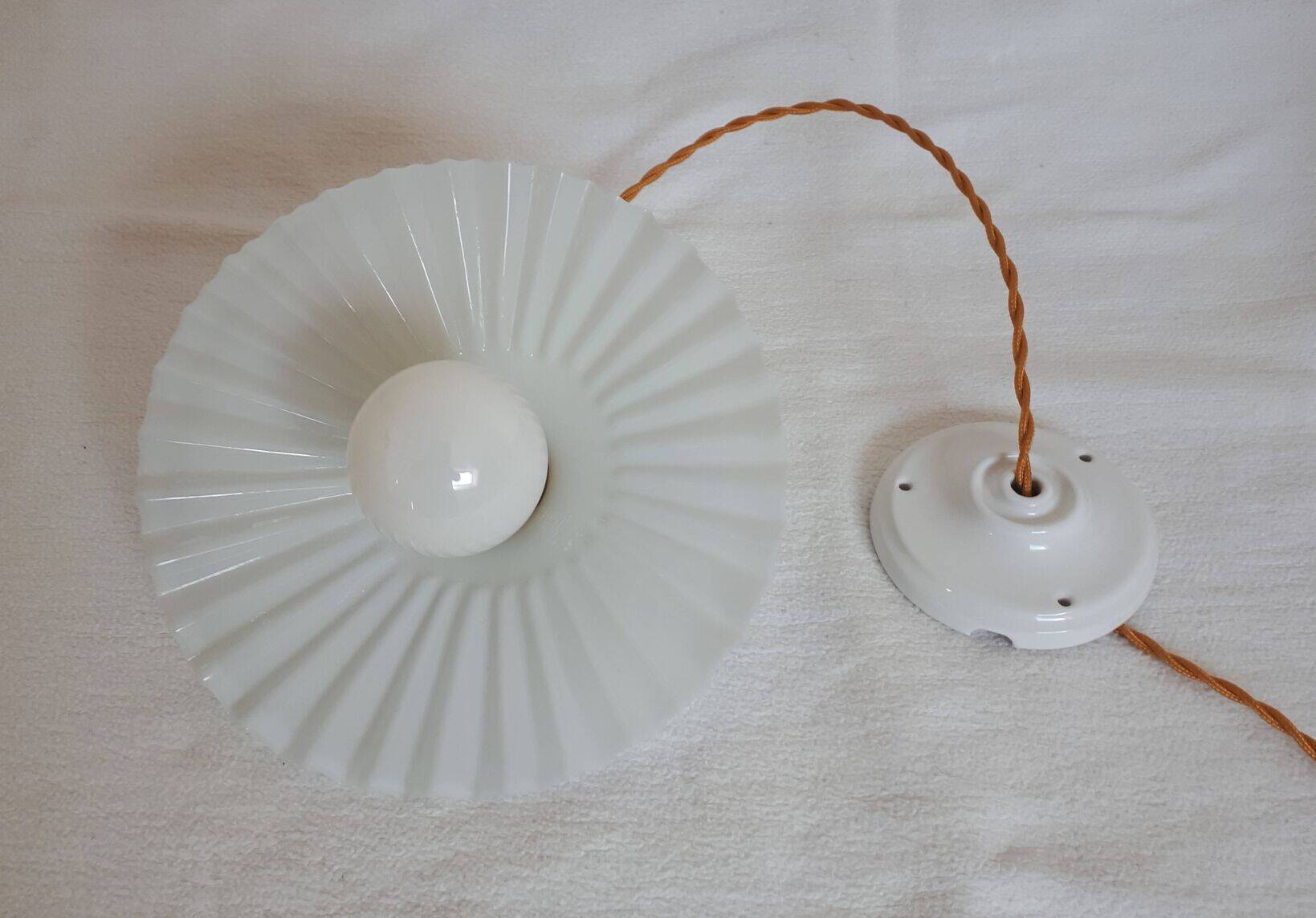 Vintage lampshade pendant light in striped embossed white opaline - circa 1940s