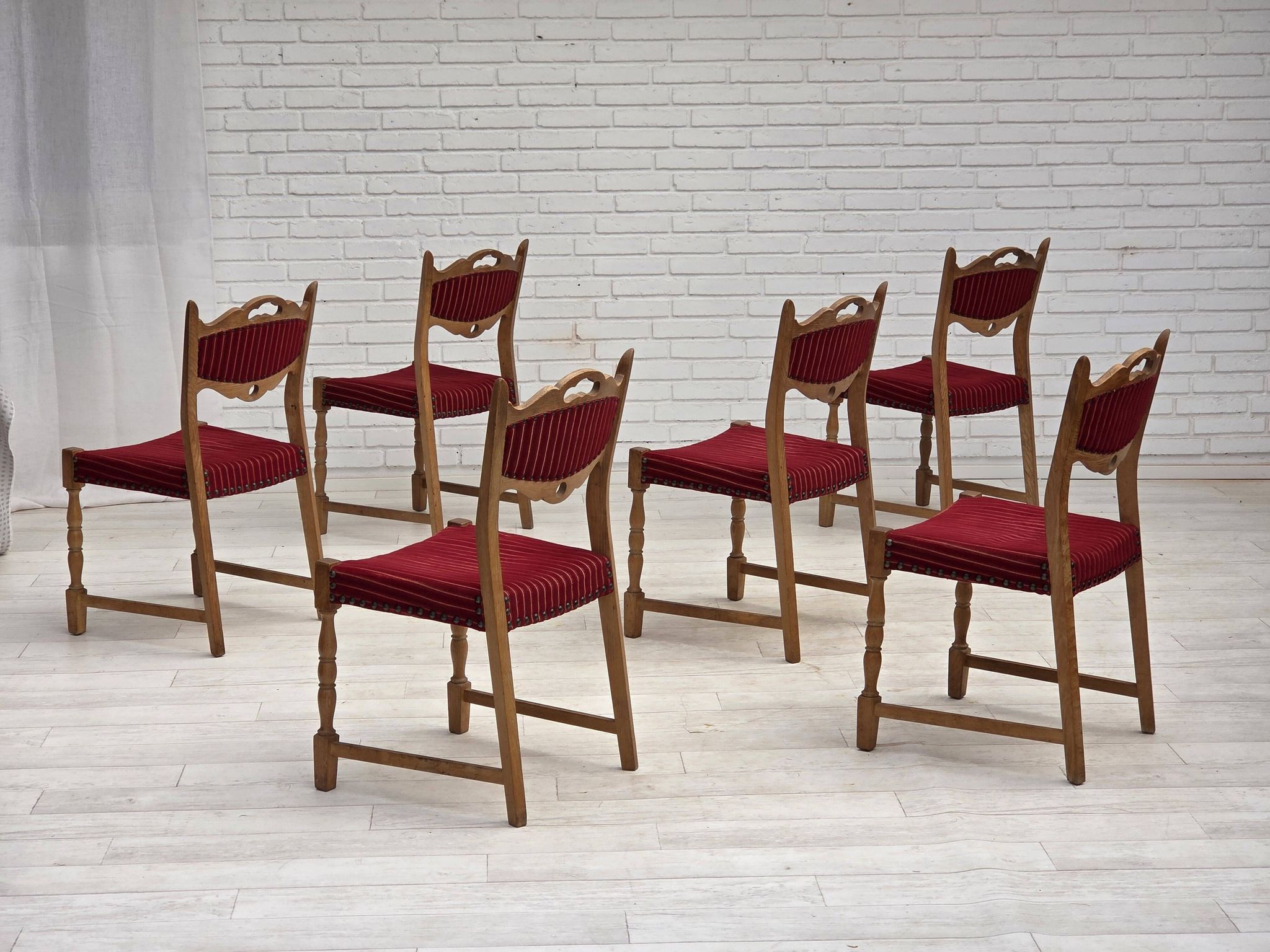 1970s, set of 6 Danish dining chairs, oak wood, furniture wool.