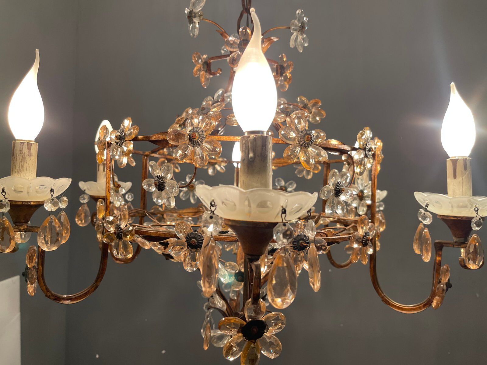 Italian Pink Murano Glass Flower Chandelier, 1950s