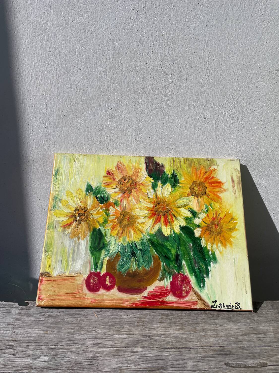 Oil on canvas of a bouquet of sunflowers