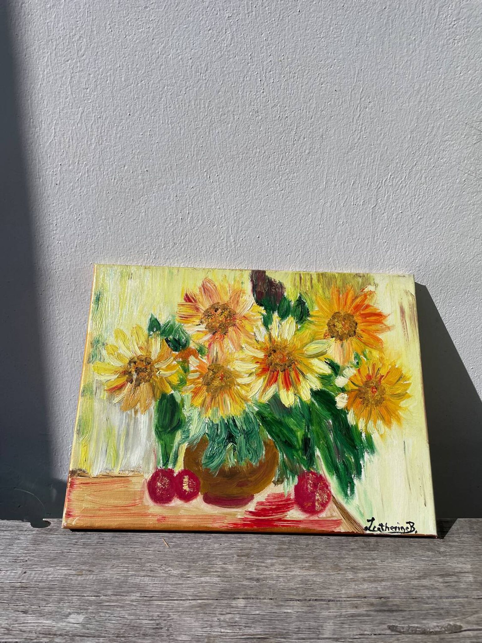 Huile sur toile d’un bouquet de tournesols
