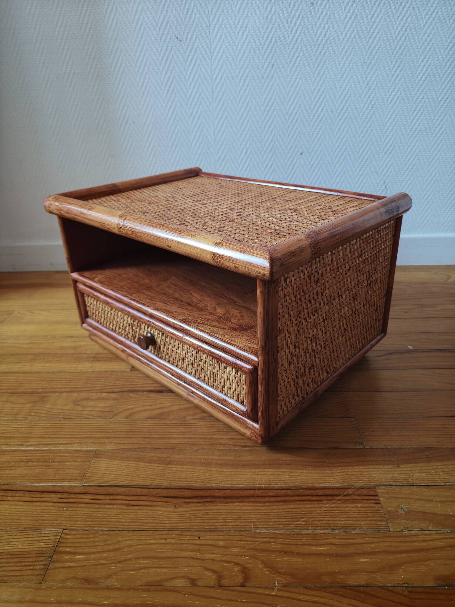 Rattan bedside table from the 1970s-80s.