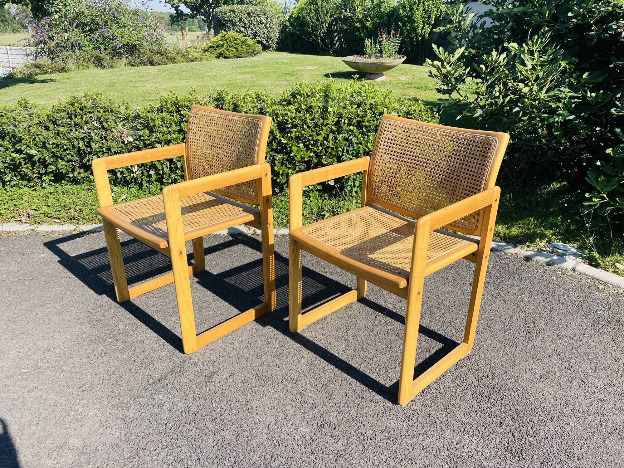 Paire de fauteuils vintage bois et cannage scandinave