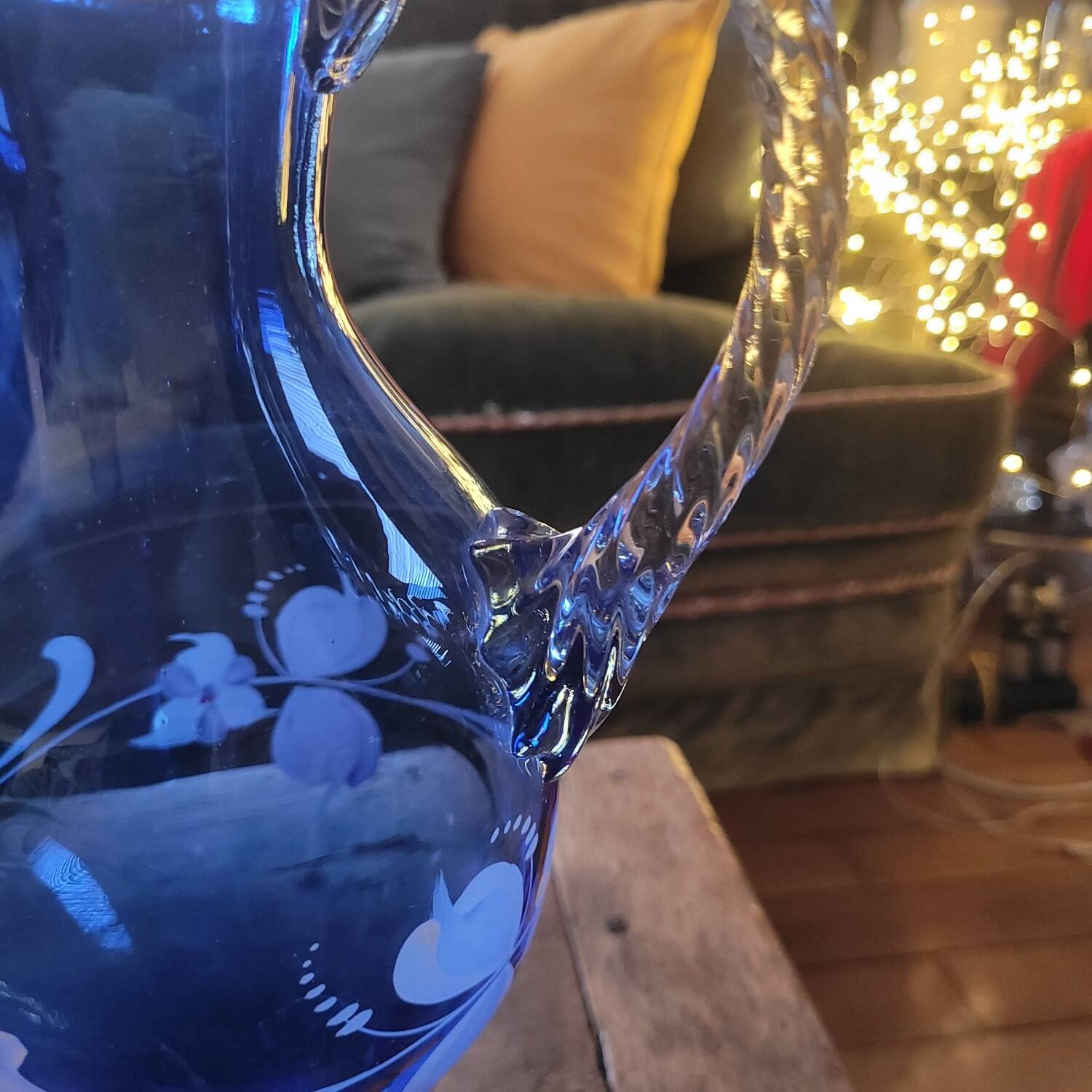 Ewer/pitcher, cobalt blue glass, enameled with flowers, 1950s-60s