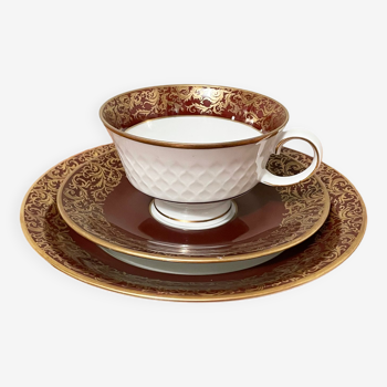Reichenbach brown teacup trio set with saucer and plate, east-german fine china made in 1968-1990