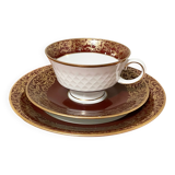 Reichenbach brown teacup trio set with saucer and plate, east-german fine china made in 1968-1990