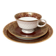 Ensemble trio de tasses à thé marron Reichenbach avec soucoupe et assiette, porcelaine fine est-allemande fabriquée en 1968-1990