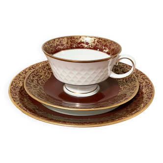 Reichenbach brown teacup trio set with saucer and plate, east-german fine china made in 1968-1990