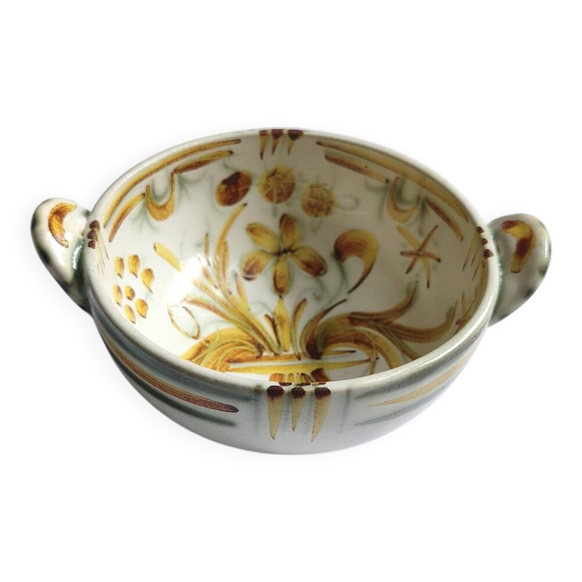Vintage bowl signed Keraluc Quimper in yellow and green.