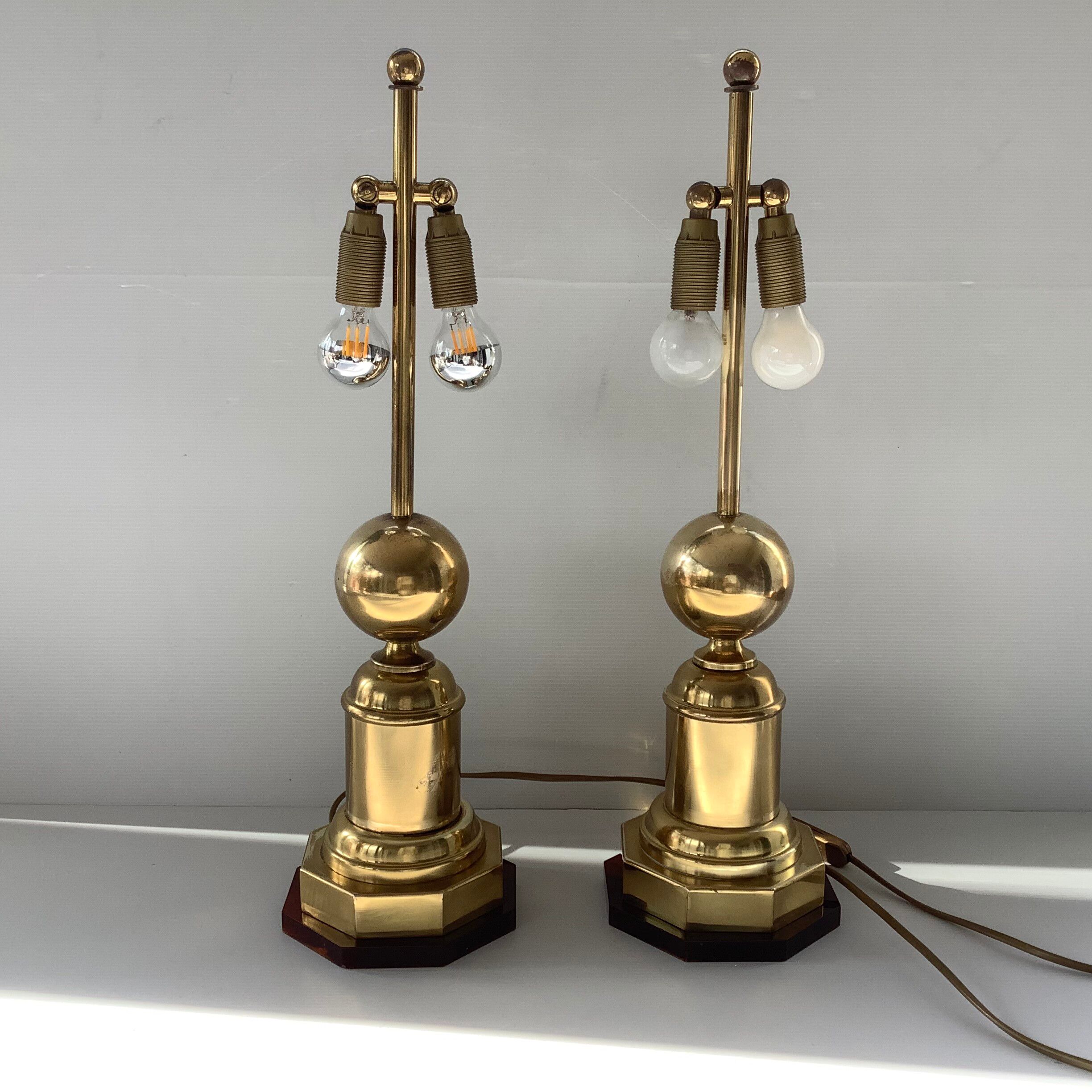 Pair of 2 Vintage Chic Articulated Brass Bakelite Amber Ball Lamps