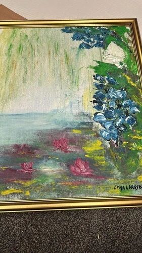 Mid-Century Oil on Canvas “Water Lilies” by Lena Larsson Framed 50 × 42 cm