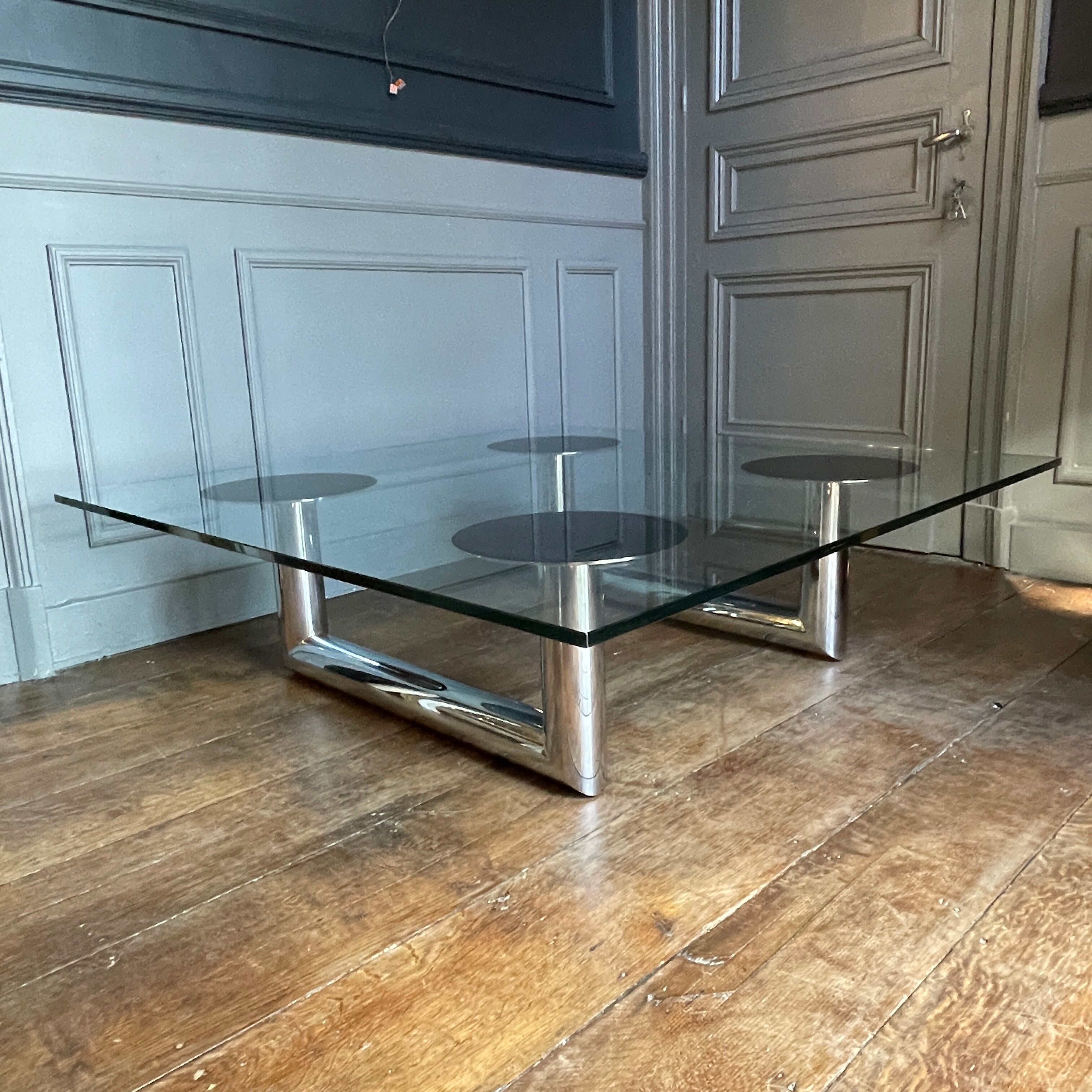 Large square coffee or coffee table in chromed steel, Italian design, ca 1970