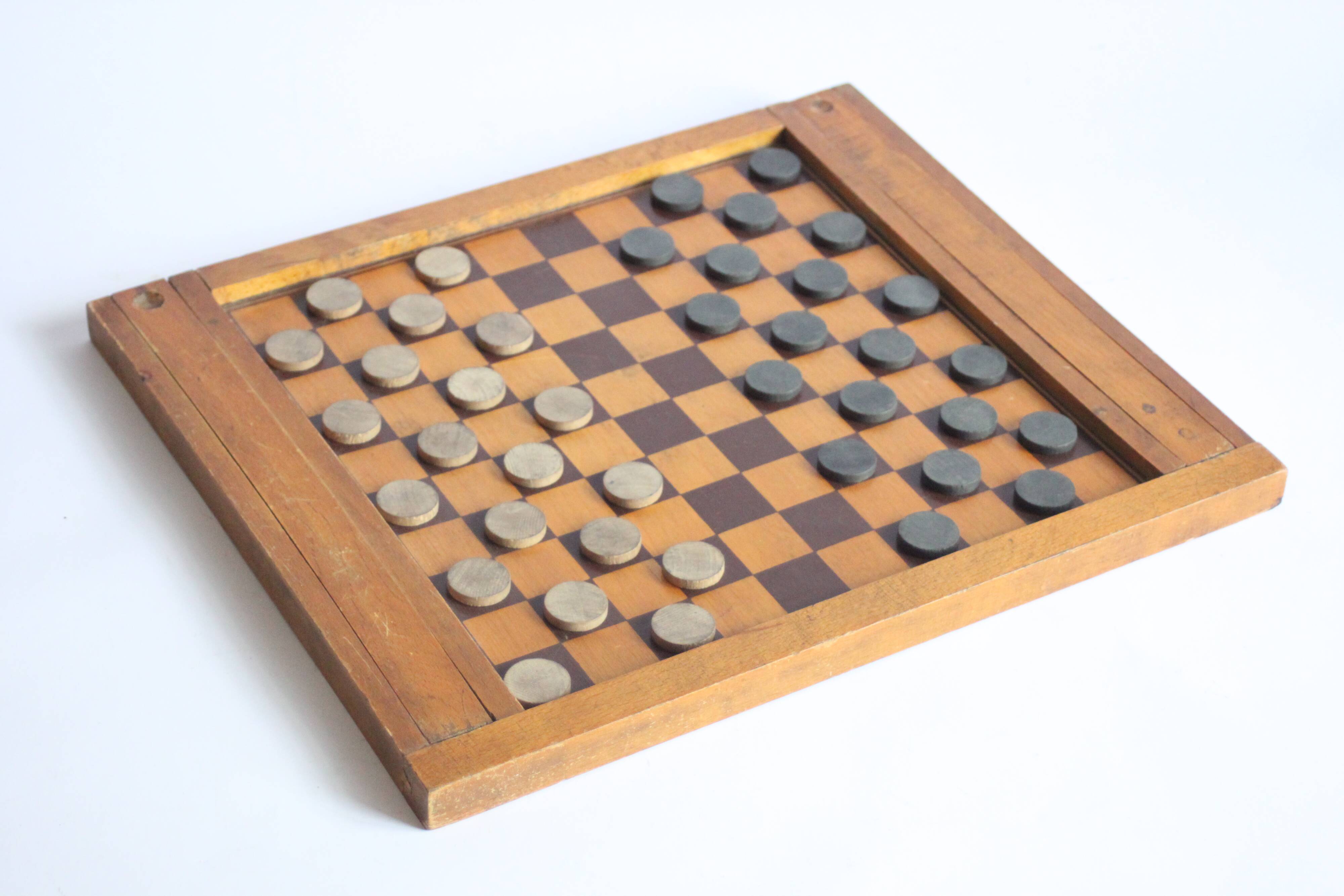 Antique wooden checkers and chess board, 1920s