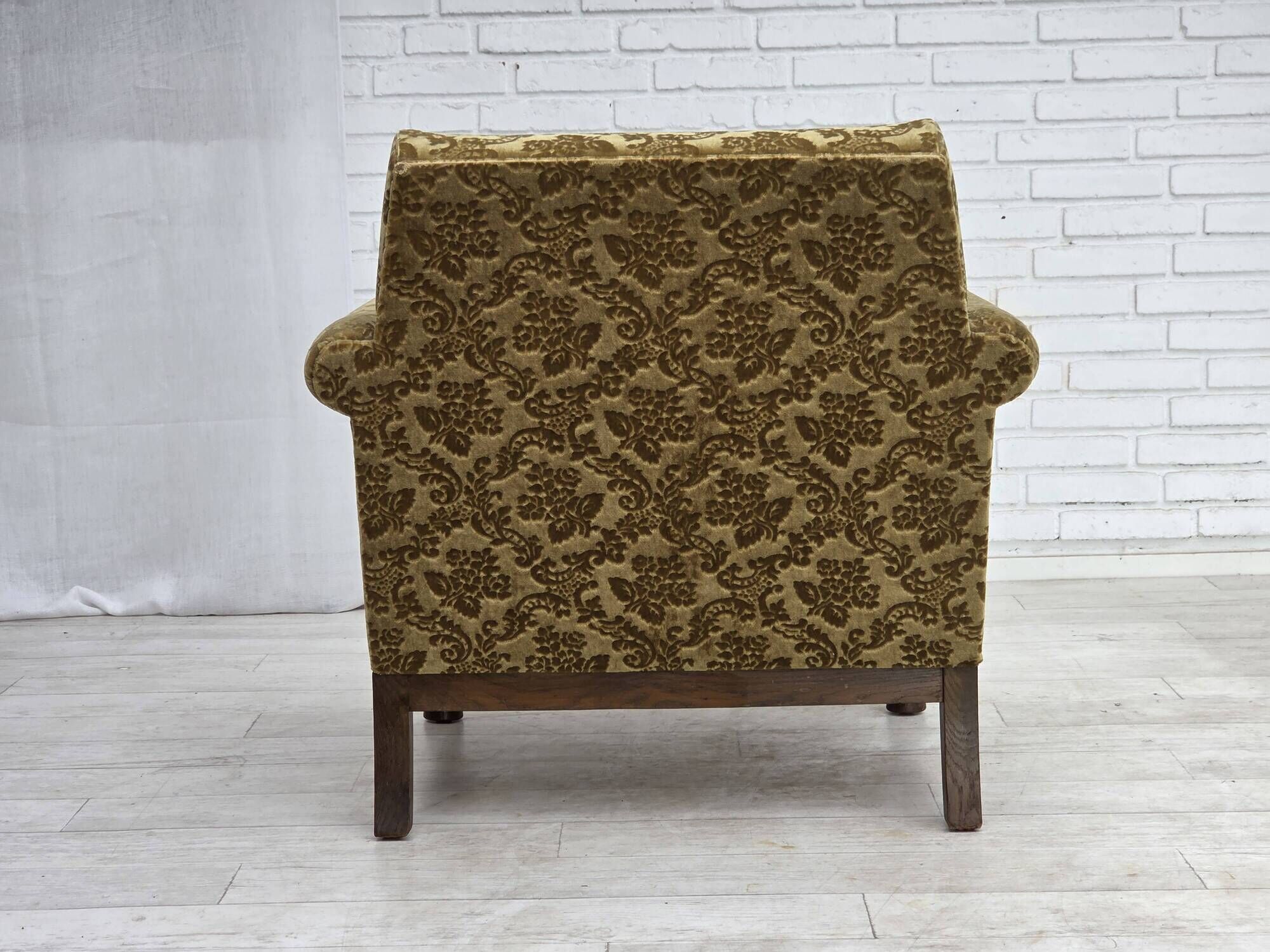 1960s, Danish armchair, furniture velour, carved oak wood.