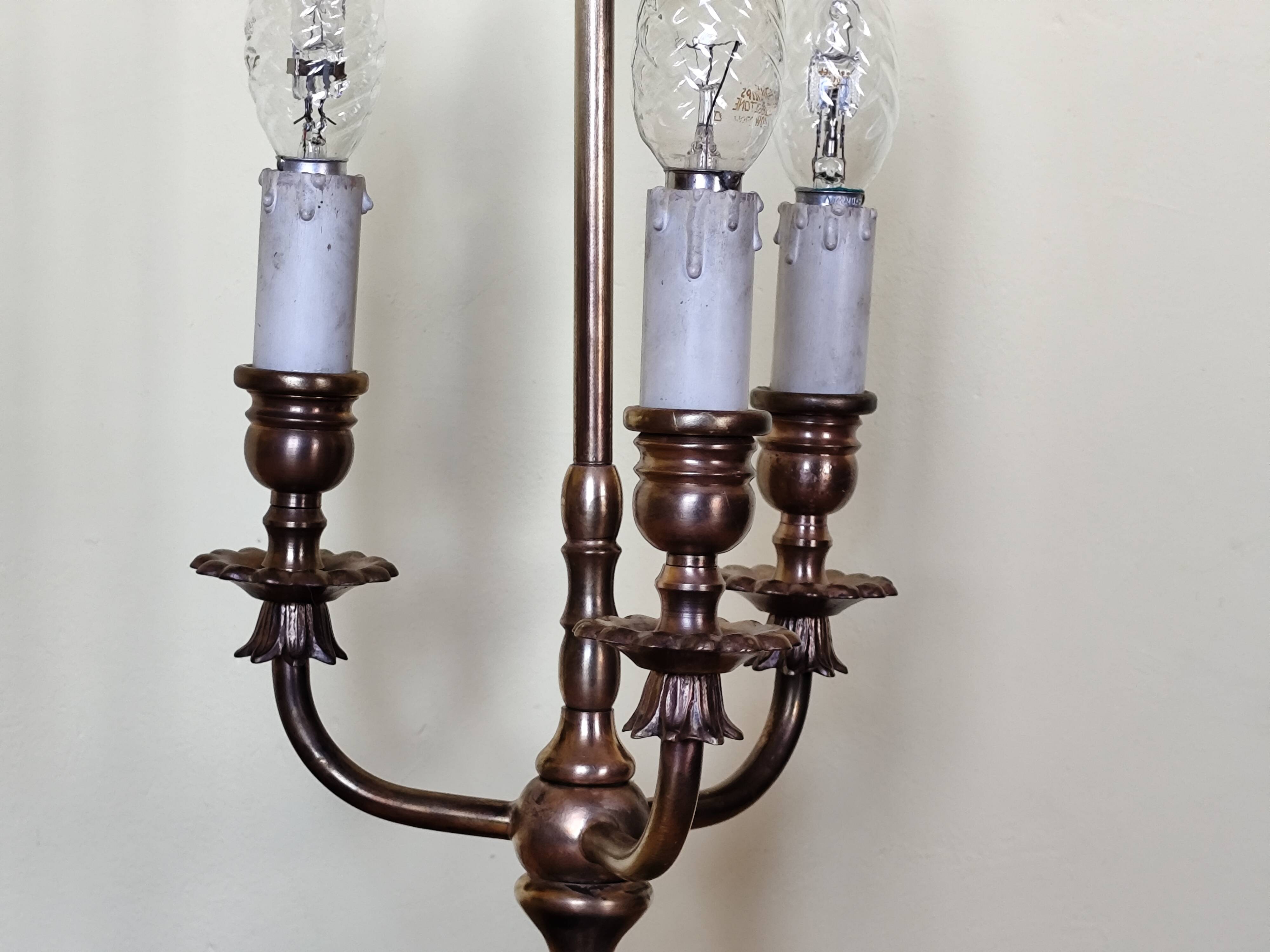 three-light candelabra lamp in metal and gilded brass, bouillotte lamp
