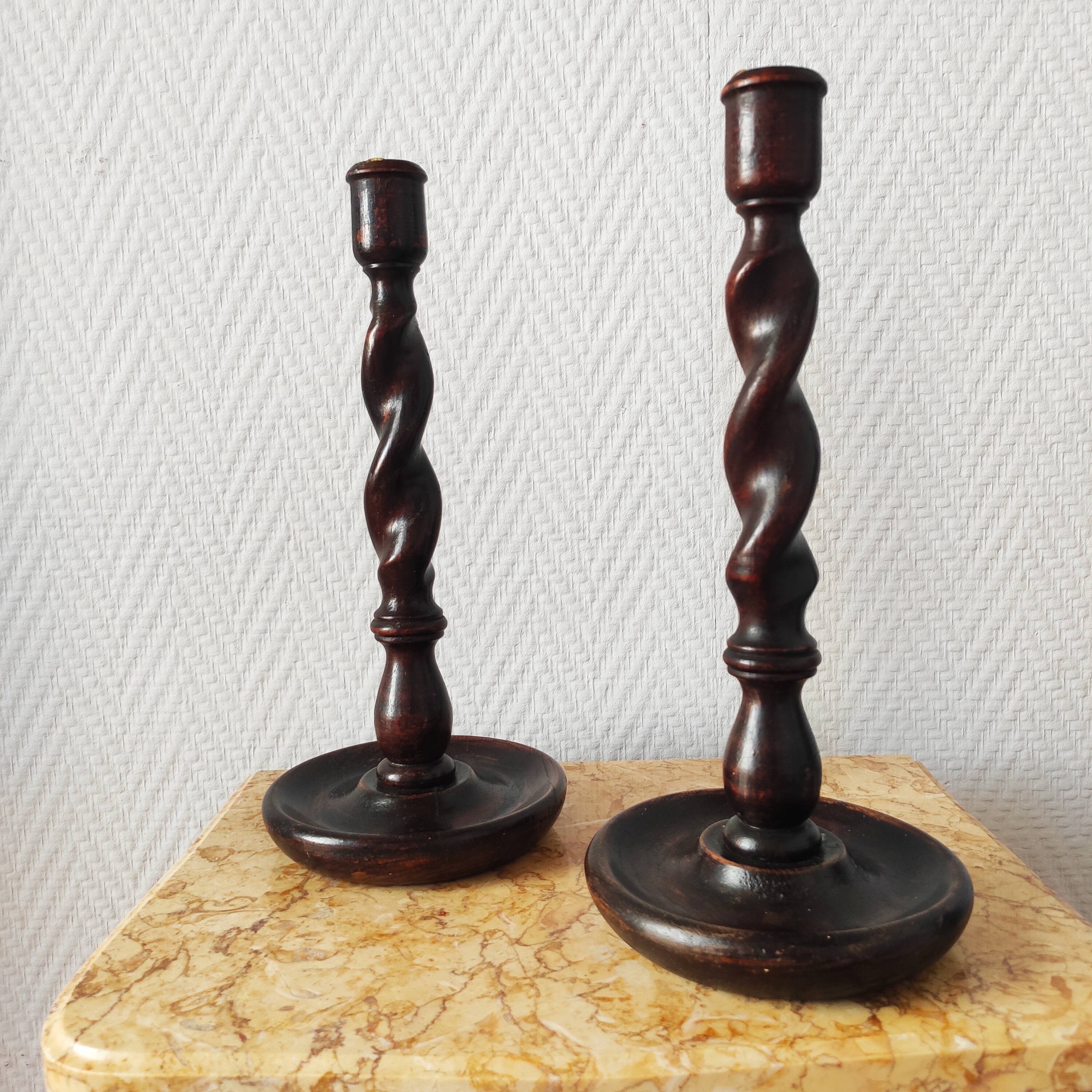 Old pair of English turned wood candlesticks