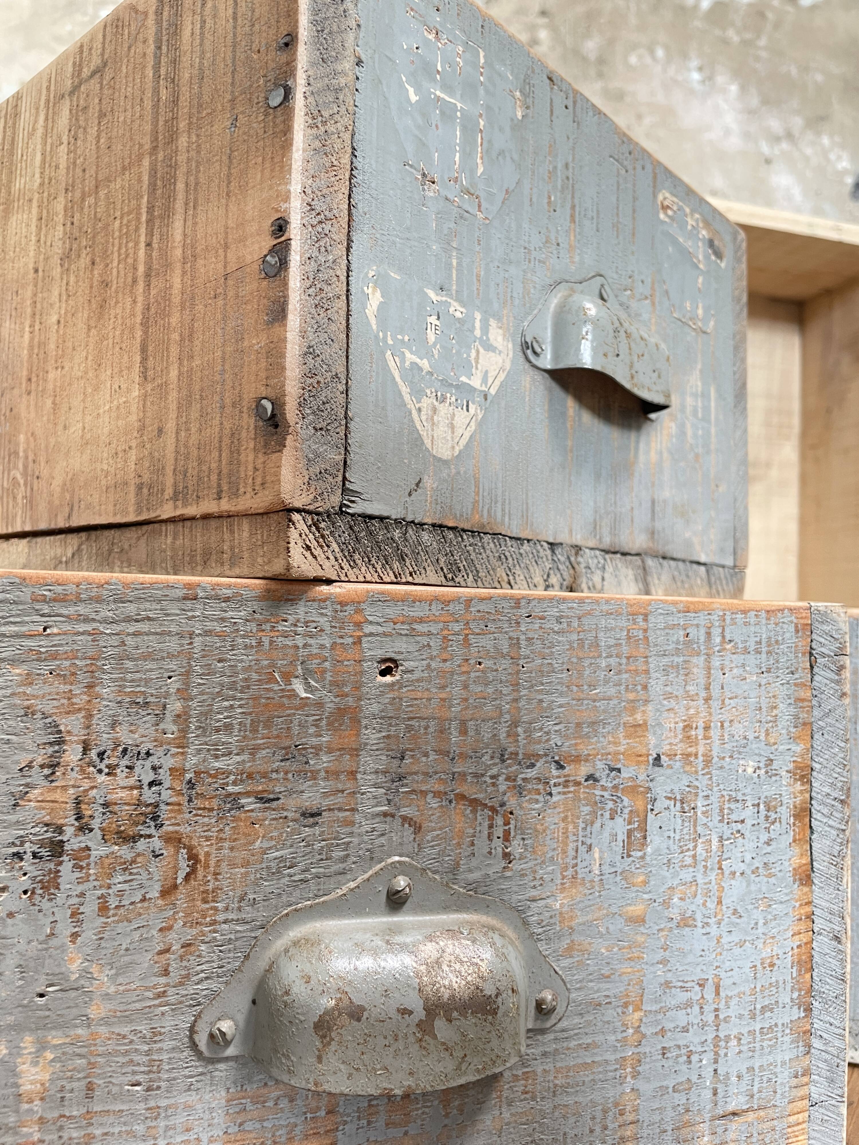 Artisanal workshop bank in patinated wood, circa 1950.