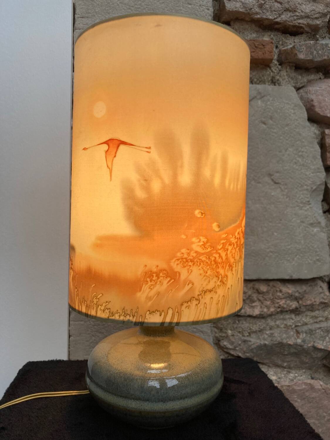 Vintage enamelled stoneware lamp with silk lampshade