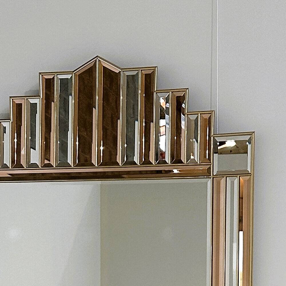Art Deco style peach & clear bevelled mirror with brass frame, 1980s