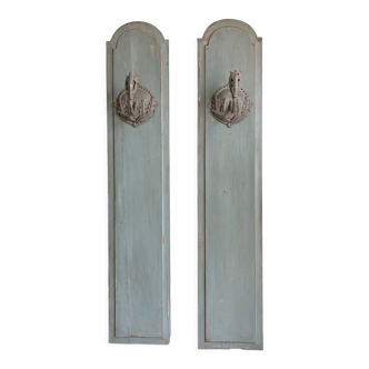 Pair of candlesticks leaves acanthus and pearls on paneling molding Louis XVI