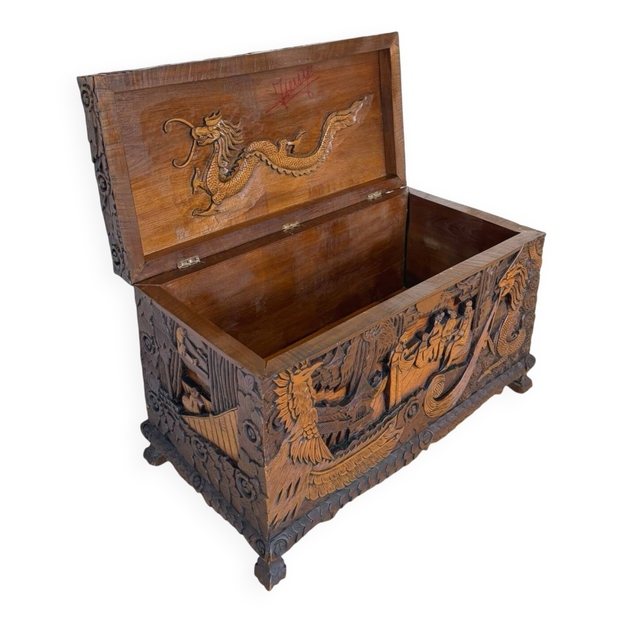Antique Chinese Carved Export Chest – Dragon, Phoenix & Landscape Deco