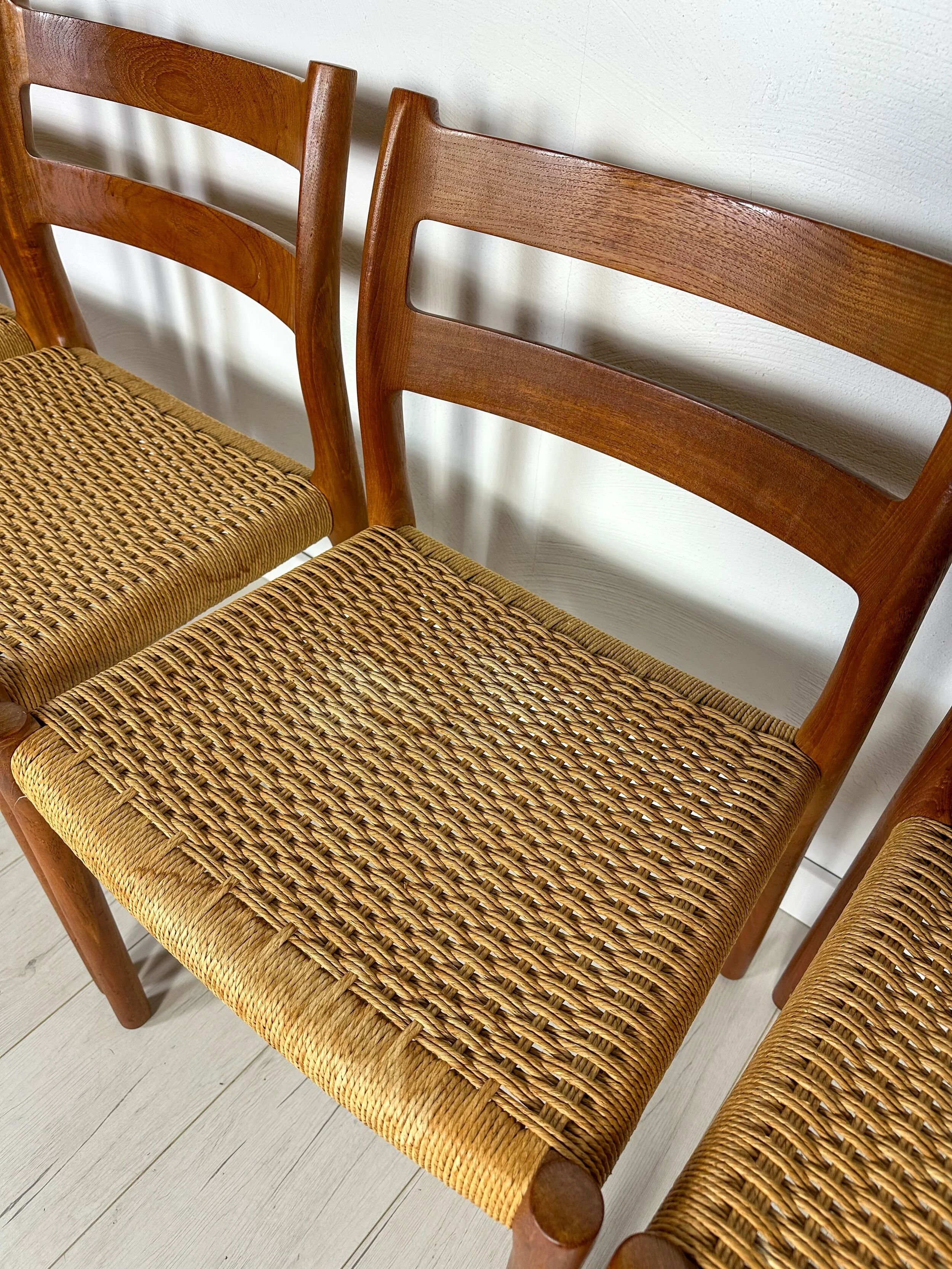 1960s Set of 6 Danish Teak Papercord Dining Chairs Model 84 by Niels Møller