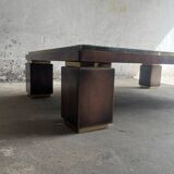 Grey ceramic mosaic top coffee table with dark wood base and brass accents, 1970s