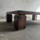 Grey ceramic mosaic top coffee table with dark wood base and brass accents, 1970s
