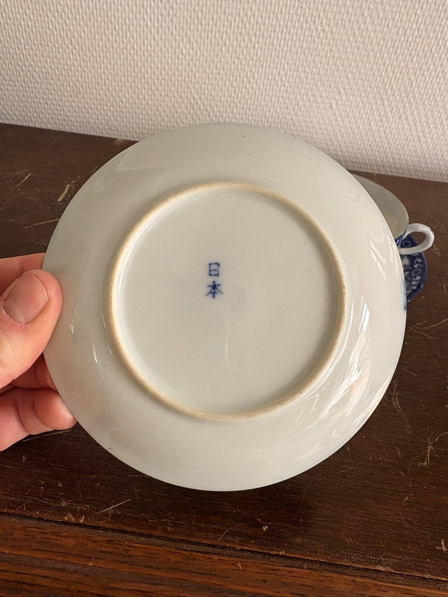 Set of Two Japanese Porcelain Tea Cups Blue and White Sometsuke Plum Blossom Decor