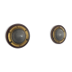 Pair of round glass wall lights, brass base and Wood Wood, 1960s, Italy.