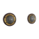 Pair of round glass wall lights, brass base and Wood Wood, 1960s, Italy.