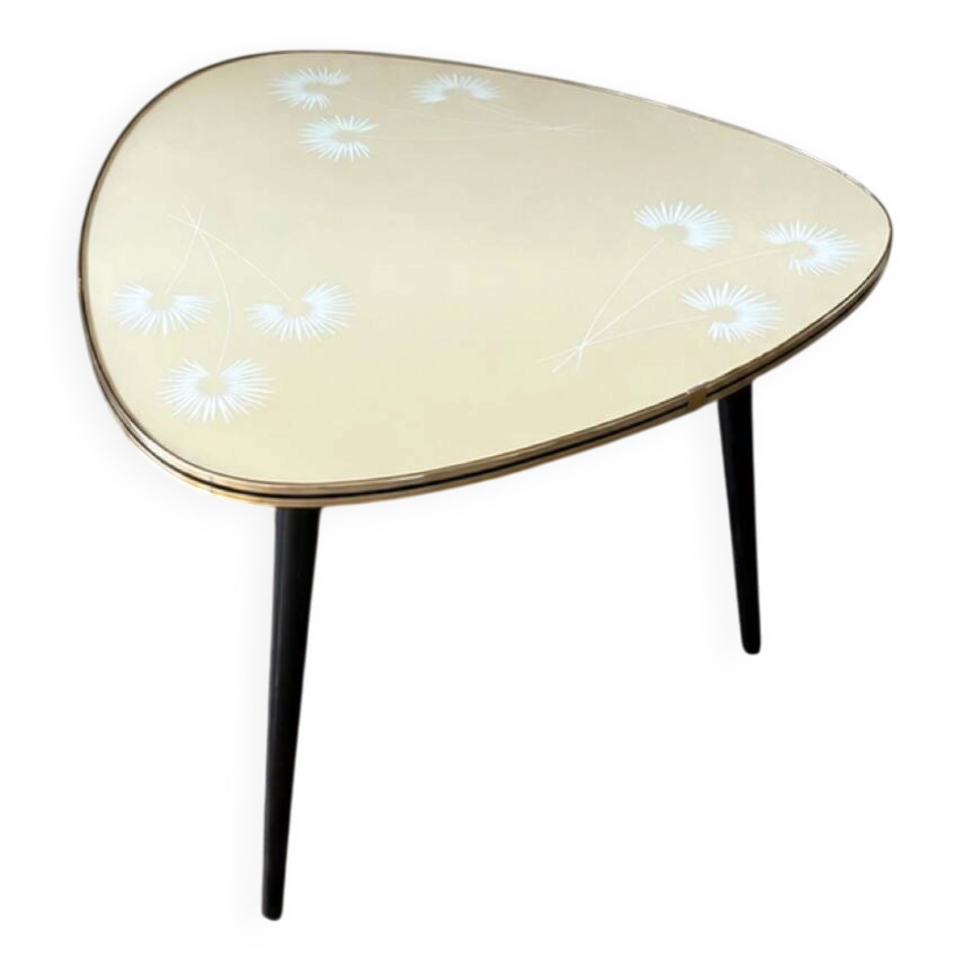 Tripod coffee table with floral design from the 1950s in brass metal and decorative top.
