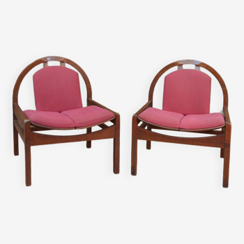 Pair of Baumann Armchairs in beech and original fuchsia fabrics 1970s