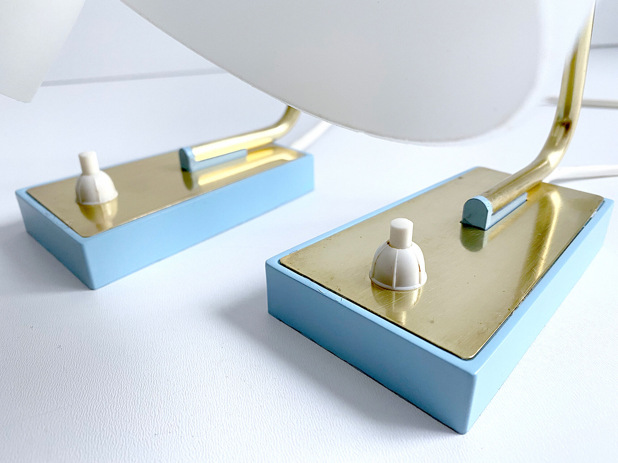 Pair of vintage table or bedside lamps, brass and glass, 50s 60s