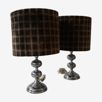 Pair of lamps 70s, chrome metal foot, velvet, 1970