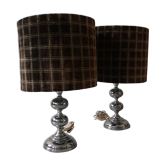 Pair of lamps 70s, chrome metal foot, velvet, 1970