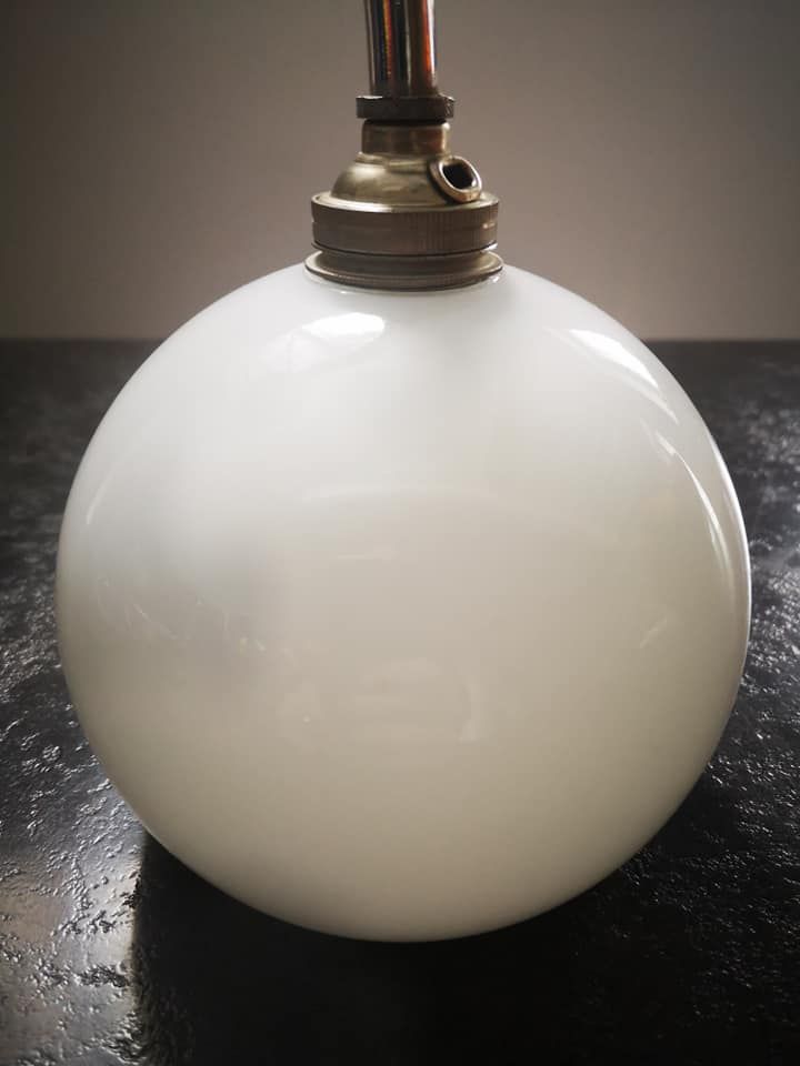 Wall lamp old opaline silver metal globe & porcelain base Art Deco 1930 TBE gooseneck