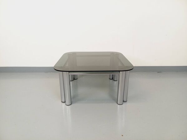 Table basse carrée italienne Space Age vintage en verre fumé métal chromé