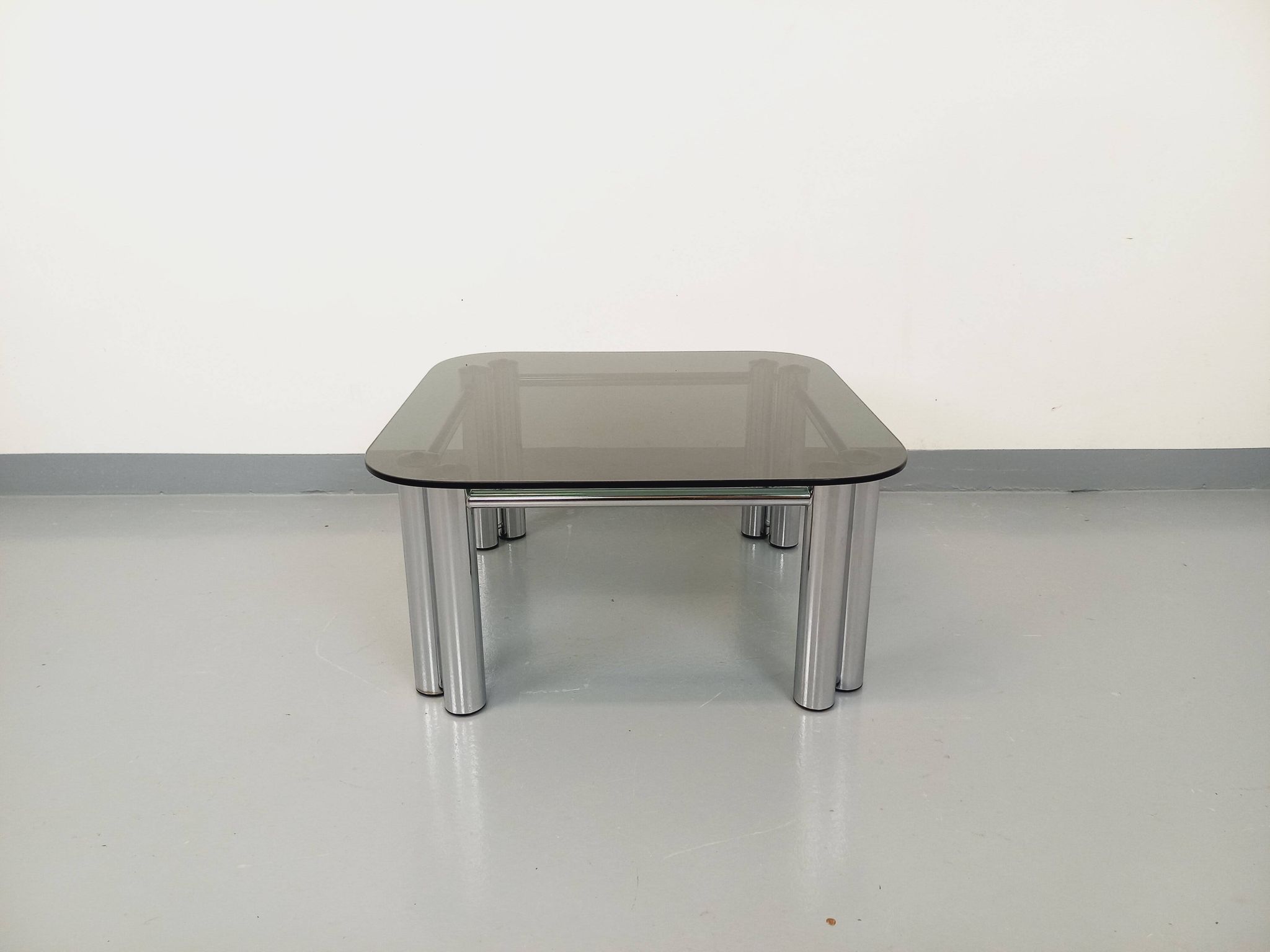 Vintage Italian Space Age square coffee table in smoked glass and chrome metal