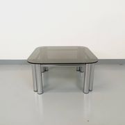 Vintage Italian Space Age square coffee table in smoked glass and chrome metal