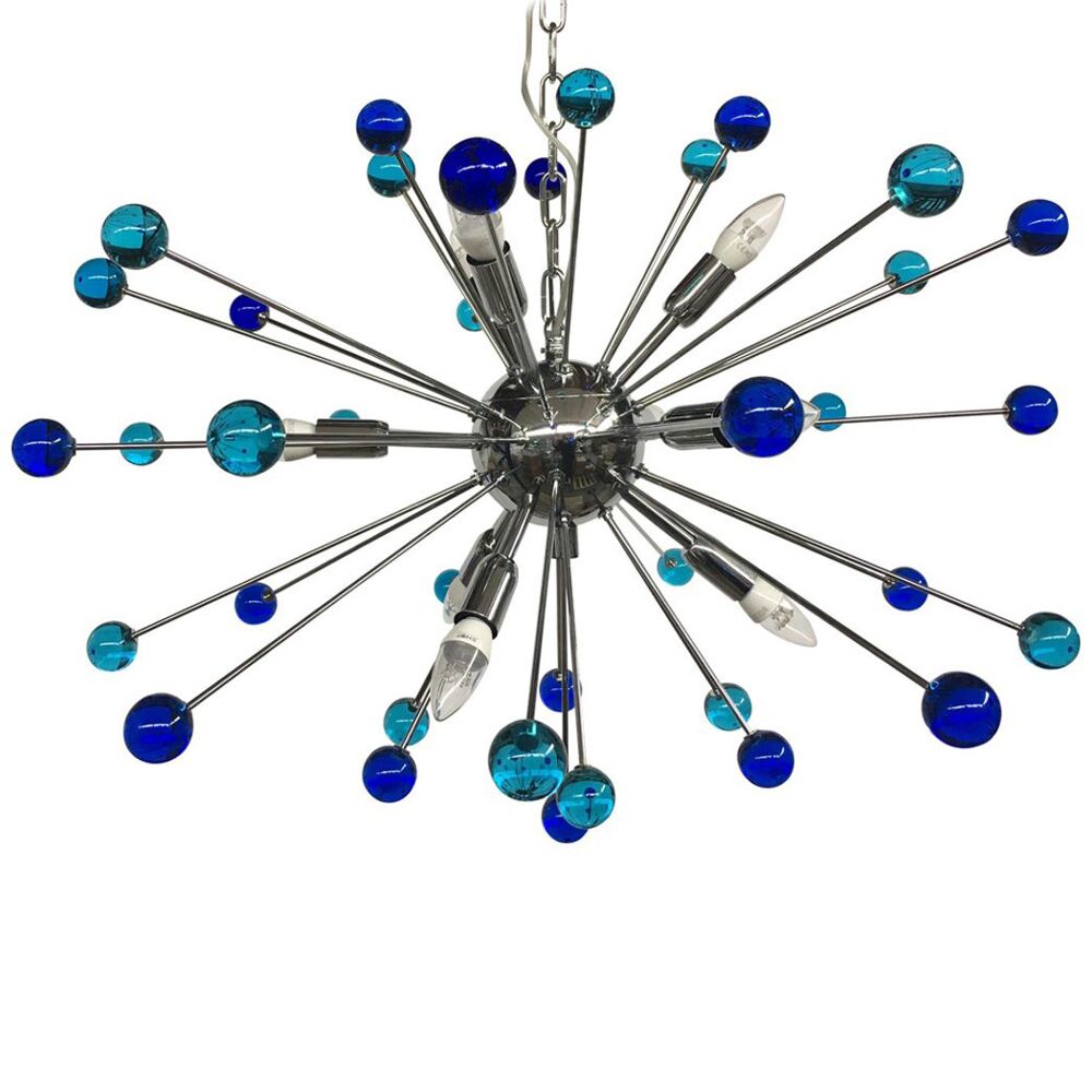 Light-blue and dark-blue “star” murano glass oval sputnik chandelier